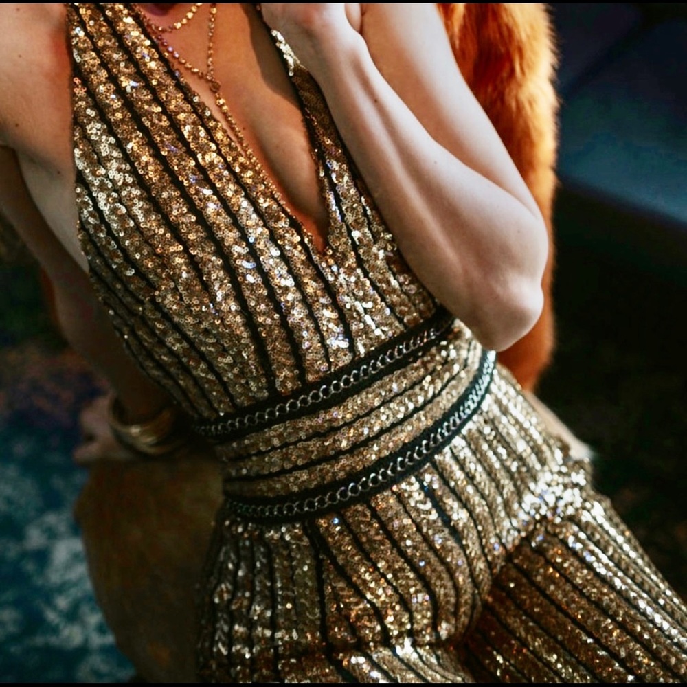Gold sequin halter jumpsuit XS vintage